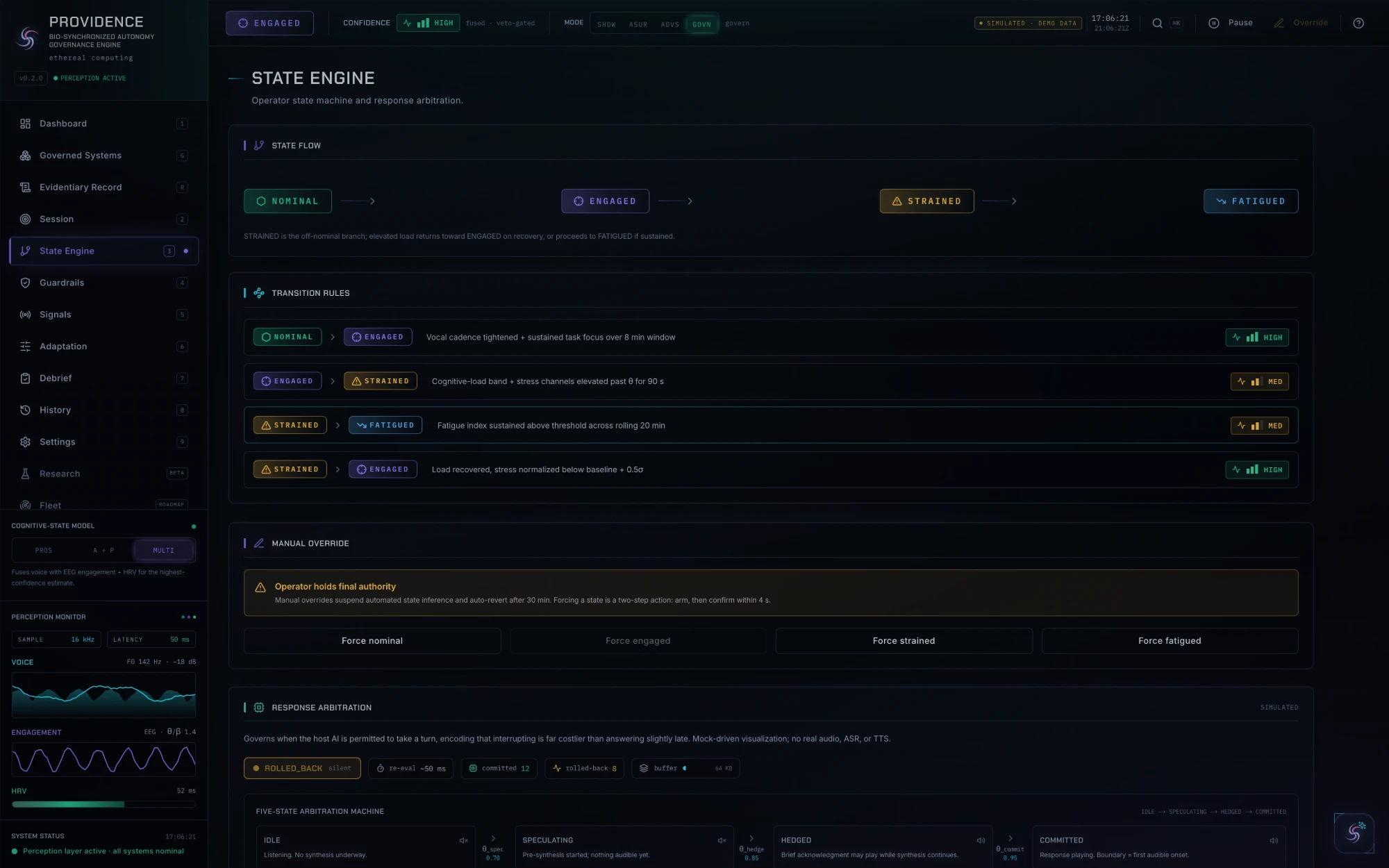 Providence console: operator state machine and response arbitration